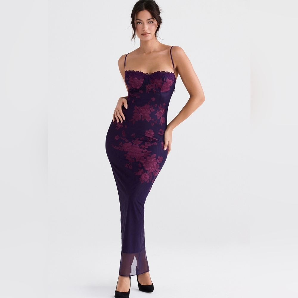 House Of CB Aiza Grape Floral Print Maxi Dress Size L+ - Picture 2 of 16